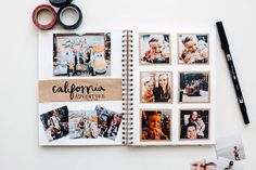 an open notebook with photos and some scissors