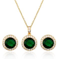 PRICES MAY VARY. GORGEOUS DESIGN - Sparkly halo round emerald green cubic zirconia cz crystal stones, 14k yellow gold plated, this elegant round shaped pendant necklace and stud earring set is sure to catch everyone's eyes. SIZE - 18 inches+2 inches rolo chain with lobster clasp; Pendant: 12mm(L) x 12mm(W); Earrings: 12mm(L) x 12mm(W); This halo cz jewelry set is not only suitable for formal events but also everyday wear. All-match clothes. Fabulous Bling for Nights on the Town IDEAL GIFT - This Amethyst Jewelry Set, Mangalsutra Set, Crystal Jewelry Sets, Silver Jewellery Sets, Rhinestone Bridal, Emerald Necklace, Cz Jewelry, Birthstone Pendant, Amethyst Jewelry