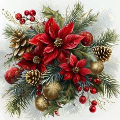 a christmas bouquet with poinsettis, pine cones and holly berries on a white background