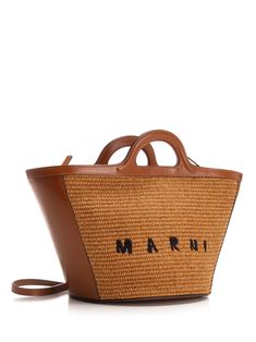 Small 'Tropicalia' bag from Marmi in leather with woven raffia panels, portable by hand and over the shoulder (detachable), handles with embossed details, leather closure and bottom, gold-colored metal elements, embroidered logo on the front. Composition: 50% Fabric 50% CALF LEATHER | Marni Women's tropicalia Small Bag in Raw Sienna | SS24 Raw Sienna, Woven Raffia, Versace Belt, Round Leather, Large Bag, Tory Burch Shoes, Womens Tote, Luxury Retail, Italian Fashion