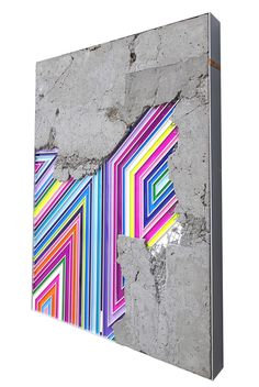 an abstract painting on a concrete wall with multicolored stripes