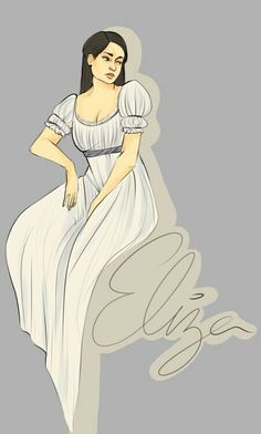 a drawing of a woman in a white dress with her hands on her hips and the word