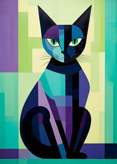 Abstract geometric cat illustration with varying shades of purples, blues, and greens against a pastel background, ideal for children's room decoration. Modern Cubist Art, Picasso Cat, Modern Cat Art, Cubist Paintings, Geometric Cat, Cat Art Illustration, Cat Poster, Cat Quilt, Cat Artwork