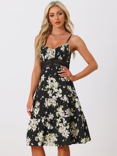 Shop Allegra K for spaghetti strap smocked back ruffled hem midi floral tiered dress sundress you are looking for, get more women's dresses for yourelf. Order now! Free Returns! Sundress Black, Floral Dresses Short, Women Halter, Floral Sundress, Floral Print Maxi Dress, Midi Short Sleeve Dress, Versatile Dresses, Flowy Dress, Tiered Dress