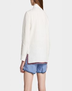 Le Sirenuse "Alina Nerano" woven tunic with embroidered trim. V neckline with spread collar. Long sleeves. Relaxed silhouette. Sideslit hem. Pullover style. Linen. Imported. Le Sirenuse, Embroidered Trim, Linen Tunic, V Neckline, Long Sleeves, Trim, Collar