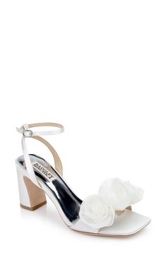 Playful sophistication defines this square-toe sandal raised on a chunky block heel and topped with soft roses. 3 1/4" heel (size 8.5) Adjustable ankle strap with buckle closure; hidden elastic inset Textile upper/synthetic and textile lining/leather sole Imported White Heels With Flowers, Chunky Wedding Heels, Badgley Mischka Bridal Shoes, Badgley Mischka Bridal, White Block Heels, Wedding Shoes Low Heel, Diamond Fashion Jewelry, Square Toe Sandals, Floral Shoes