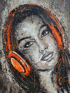 a painting of a woman with headphones on her ear and an orange circle around her neck