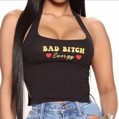 ~ Black ~ Halter Top ~ Sleeveless ~ "Bad Bitch Energy" Phrase ~ Cropped ~ Stretch ~ 95% Cotton 5% Spandex ~ Size Xs - ( S Available In Separate Listings) Tags Office, Spring, Work, School, Casual, Dress Up, Trendy, New, Layering, Classy, Elegant, Cozy, Fashionable, Flattering, New Graphic Tee, Black, Sale, Long, Short, Crop, Tank, Boho, Emo, Festival, Y2k 90's 80's, Puff Sleeve Blouse, Vintage Flannel, Vintage, Corset, Tops, Tees, T-Shirt, Button Down, Short Sleeve, Long Sleeve, Tunic, Luxury, B Y2k Black Racerback Tank Top, Black Y2k Halter Top For Spring, Y2k Black Racerback Top, Trendy Black Racerback Halter Top, Trendy Racerback Top For Night Out, Black Y2k Sleeveless Halter Top, Trendy Club Tank Tops, Trendy Tank Tops For Club, Casual Black Racerback Halter Top