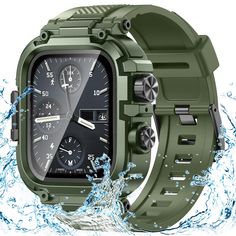 an image of a green watch with water splashing around the wrist and on it's face