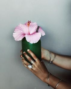 a woman's hand holding a green vase with a pink flower in it,