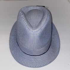 Pamoa Hat, Blue And White, Side L/Xl, Seersucker With Tags, Never Worn, Good Condition Spring Navy Adjustable Hats, Adjustable Blue Fedora For Spring, Blue Adjustable Summer Fedora, Adjustable Blue Summer Fedora, Blue Casual Straw Hat For Summer, Casual Blue Sun Hat For Spring, Casual Blue Straw Hat For Summer, Spring Striped Straw Hat, Navy Cotton Hat For Spring