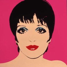 a painting of a woman's face with blue eyes and red lipstick on a pink background