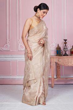 Flaunt your elegant style on festive occasions in this stunning beige embroidered tissue silk saree. It comes with a matching blouse piece. Disclaimer: The shown stitched blouse on the model is for display purpose only. The saree comes with a matching blouse piece and finished with fall and piko. Tussar Silk Sarees, Tissue Silk Saree, Indian Clothing Store, Latest Designer Sarees, Fashion Journals, Tussar Silk Saree, Indian Clothing, Traditional Fabric, Silk Sari