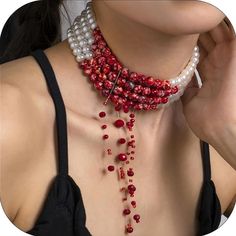 Super Cool! This Multi Strand Faux Pearl Necklace Looks Like You've Been Bitten By A Vampire! It Has Red Beads Dangling From It To Simulate Blood Droplets! I Can Also Offer This Without The Blood Beads But It's The Same Price With Or Without. If You Don't Like Them You Can Always Cut Them Off Easy. Perfect For Your Halloween Costume Party! New Item See Measurements In Photos, It Has Extra Chain To Allow For Bigger Size See Photos For Exact Measurements! Inventory Box 6 Listing Vintage And New Je Necklace Vampire, Vampire Necklace, Jewellery Pearl, Choker Handmade, Preformance Outfits, Crystal Choker Necklace, Heart Choker, Simple Diamonds, Purple Necklace