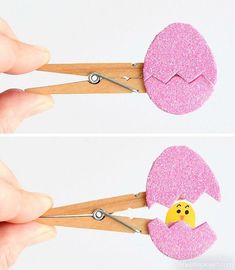 two pictures of someone cutting paper with scissors to make a chicky face out of glitter