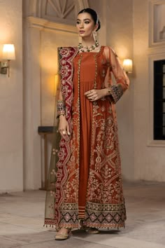 Embroidered Net Front Embroidered Net BackEmbroidered Net SleevesEmbroidered Front + Back Patch (3)Embroidered Net DupattaEmbroidered Dupatta Patch (2)Embroidered Sleeves Patch (3) Dyed Raw Silk Trouser Model Size: Angrakha:Shirt Length : 36Trouser Length : 39Open: Shirt Length : 55Trouser Length : 37 Chiffon Collection, Elegant Attire, Embroidered Chiffon, Net Dupatta, Frock Design, Fabric Stores Online, How To Dye Fabric, Embellished Dress, Pakistani Fashion