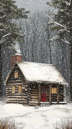 a painting of a cabin in the woods with snow falling on it and trees around