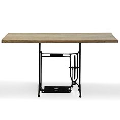 a wooden table with metal legs and an iron frame on the top, against a white background