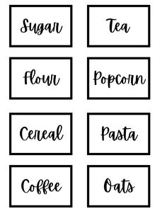 four different types of coffee labels with the words, sugar, tea, popcorn, cereal, and cats