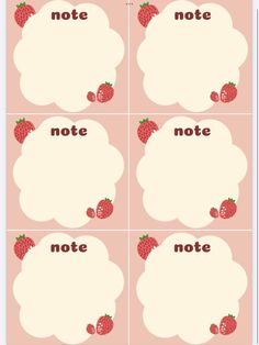 four strawberry themed note cards with the word note on them