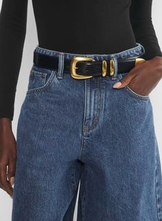 LEGENDARY SOLID BRASS LEATHER WIDE BELT | Aritzia Sweat Vest, Wide Leather Belt, Fall Denim, Look Older, Denim Blazer, Fashion Mistakes, Brass Buckle, Wide Belt, T Shirt Vest