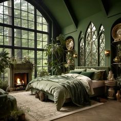 a bedroom with large windows and a bed in front of a fireplace that is surrounded by potted plants