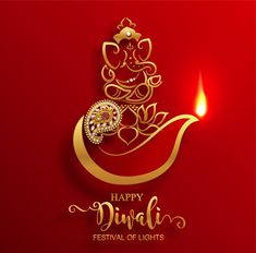 happy diwali festival of lights on red background with golden lettering and an intricate design