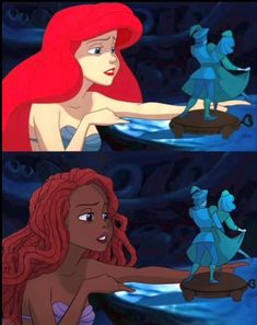 ariel from the little mermaid is shown in two different pictures, one with red hair and the