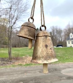 two metal bells hanging from a rope in front of a green grass covered field and trees