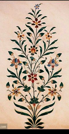 an intricately designed wall hanging with flowers and leaves on beige paper, in the middle of