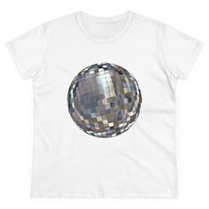 disco fitted tee, disco t-shirt, disco ball tee, disco ball shirt, disco cowgirl shirt, disco vibes shirt, disco gift ideas, disco Christmas, disco christmas gift, christmas gift ideas SHIRT DETAILS: What's better than a soft, light cotton, quality t-shirt in your wardrobe? This comfy, contoured 100% cotton tee offers a semi-fitted silhouette and is pre-shrunk to ensure it stays a staple for longer. It features cap sleeves and a taped neck and shoulders. .: 100% cotton (fiber content may vary fo Fitted Silver T-shirt With Short Sleeves, Trendy Fitted T-shirt For Party, Trendy Fitted T-shirt For Party Season, Fitted Disco T-shirt For Summer, Fitted Graphic Print T-shirt For Party, Disco Style Graphic Print T-shirt With Short Sleeves, Cowgirl Disco, Christmas Disco, Disco Christmas