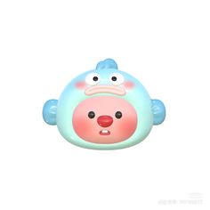 a blue and pink toy with an animal face on it's head, sitting in front of a white background