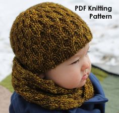 a baby wearing a knitted hat with a scarf around it's neck and the words pdf knitting pattern written below