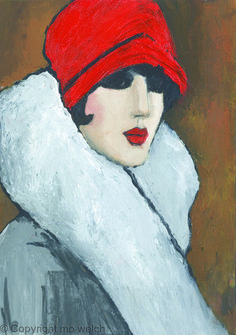 a painting of a woman wearing a red hat and white coat with fur on it