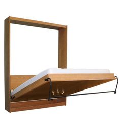 a wooden shelf with a mattress on it and a metal bar attached to the wall