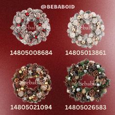 four christmas wreaths are shown in different sizes and colors, with the numbers below them