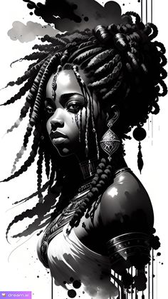 a drawing of a woman with dreadlocks on her head and eyes, in black and white