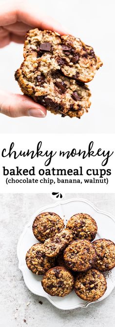 a person holding up a chocolate chip oatmeal cookie on top of a white plate