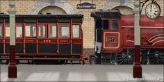 an old fashioned train is parked in front of a brick building with a clock on the wall