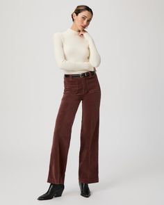 Sasha is our high-rise wide leg with a fitted top block and a slightly relaxed fit. Crafted from our luxuriously soft corduroy fabric in a dark brown shade, this pair features patch pockets and a 32” inseam that pairs perfectly with flats and also works well for petite customers looking to style it with a heel. Our elevated micro-corduroy is made with the perfect amount of stretch for the most comfortable fit from morning to moonlight. | Sasha 32 Inch Wide Leg Pant - Landslide Corduroy | Size 23 Brown Shade, Men Store, Corduroy Fabric, Brown Shades, Fitted Top, Denim Shoes, Wide Leg Pant, Bottom Clothes, Corduroy Pants