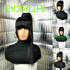 2 pcs 2 in 1 clip in straight hair bang with draw string ponytail can be worn together or separately we have colors to choose from black or purple and black. 2 hair styles in one this clip in set can handle light heat. Weave Ponytails With Bangs, Ombre Pixie, Summer Hairdos, Mohawk Ponytail, Swoop Bangs, Afro Ponytail, Hair Bang, Bangs Ponytail, Ponytail Hair Piece