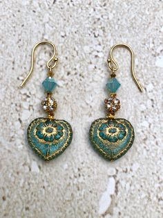 Heart Earrings featuring a 17MM aqua czech glass heart bead with gold inlay accented with 3MM crystals, a 6MM rhinestone bead and a 6MM Pacific Opal A/B Swarovski crystal.  Gold Filled Earwires. Handmade. GIFT BOXED Cheap Teardrop Czech Glass Jewelry, Cheap Elegant Earrings With Czech Glass, Cheap Hypoallergenic Czech Glass Earrings, Cheap Czech Glass Dangle Earrings, Cheap Czech Glass Teardrop Jewelry, Cheap Multicolor Czech Glass Earrings, Cheap Gold Czech Glass Earrings, Earrings Glass Beads, Czech Glass Beads Jewelry