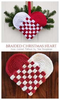 two crocheted heart ornaments hanging on a wall next to each other with the words, braided christmas heart