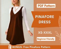 a woman wearing a brown and white dress with the text, pinafore dress xs - xxl beginner friendly