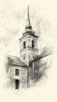 a drawing of a church with a steeple in the background and rain coming down on it