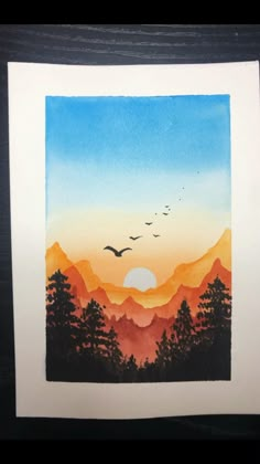 a watercolor painting of mountains and trees with birds flying in the sky at sunset