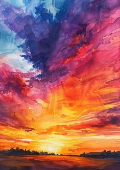 a painting of a colorful sunset with clouds