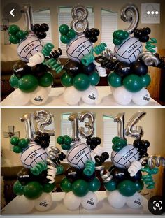 two pictures of balloons with numbers and footballs on them, one is green and the other is white