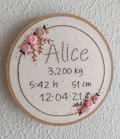 a cross stitch pattern with the name alice on it and pink flowers in front of a white background