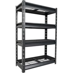 three tier shelving unit with four shelves on each side and one shelf above the other